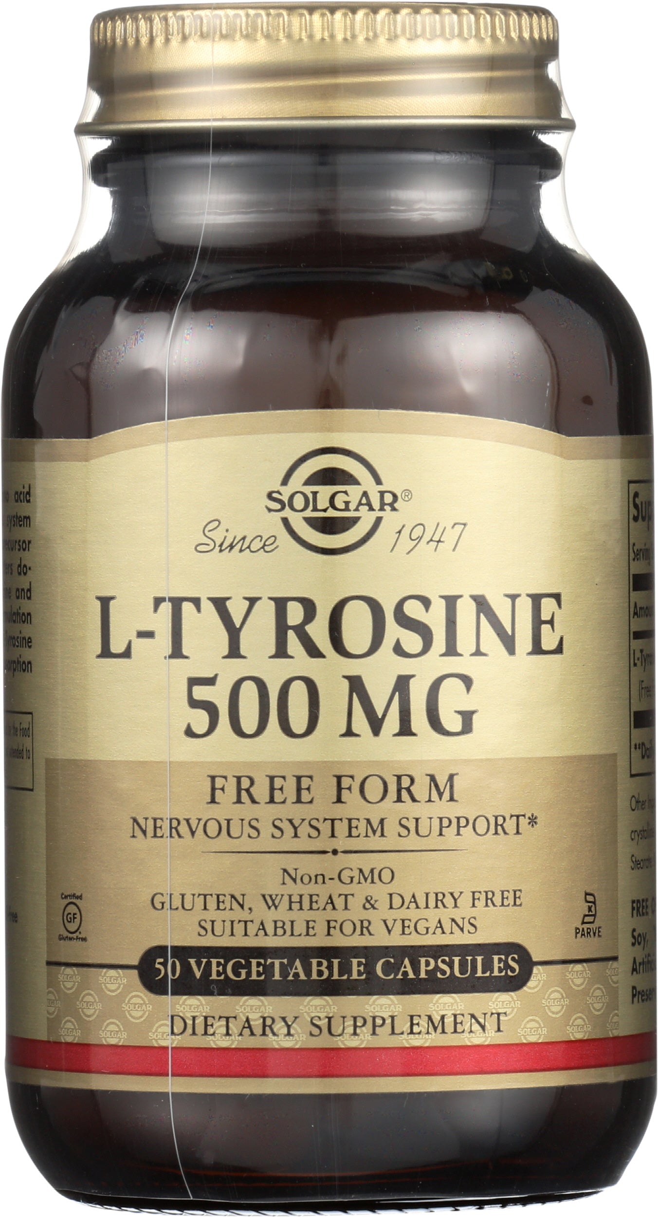Solgar L-Tyrosine 500 mg 50 Vegetable Capsules Front