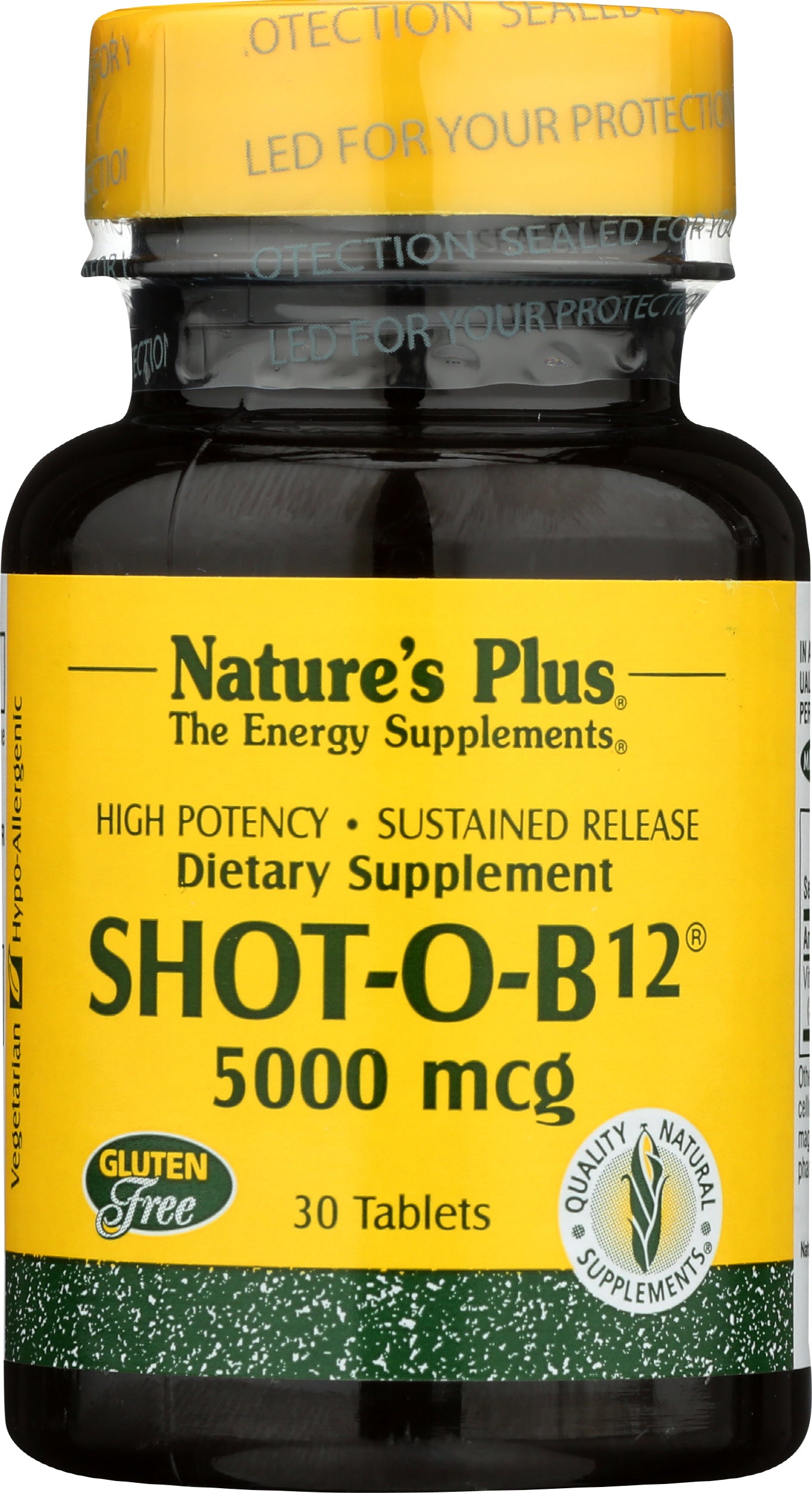 NaturesPlus Shot-O-B12 5000 mcg 30 Tablets Front of Bottle