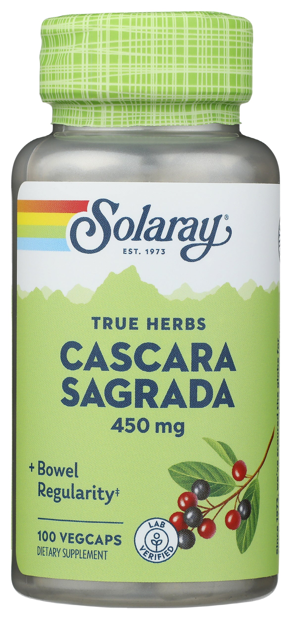Solaray Cascara Sagrada 450mg 100 VegCaps Front of Bottle