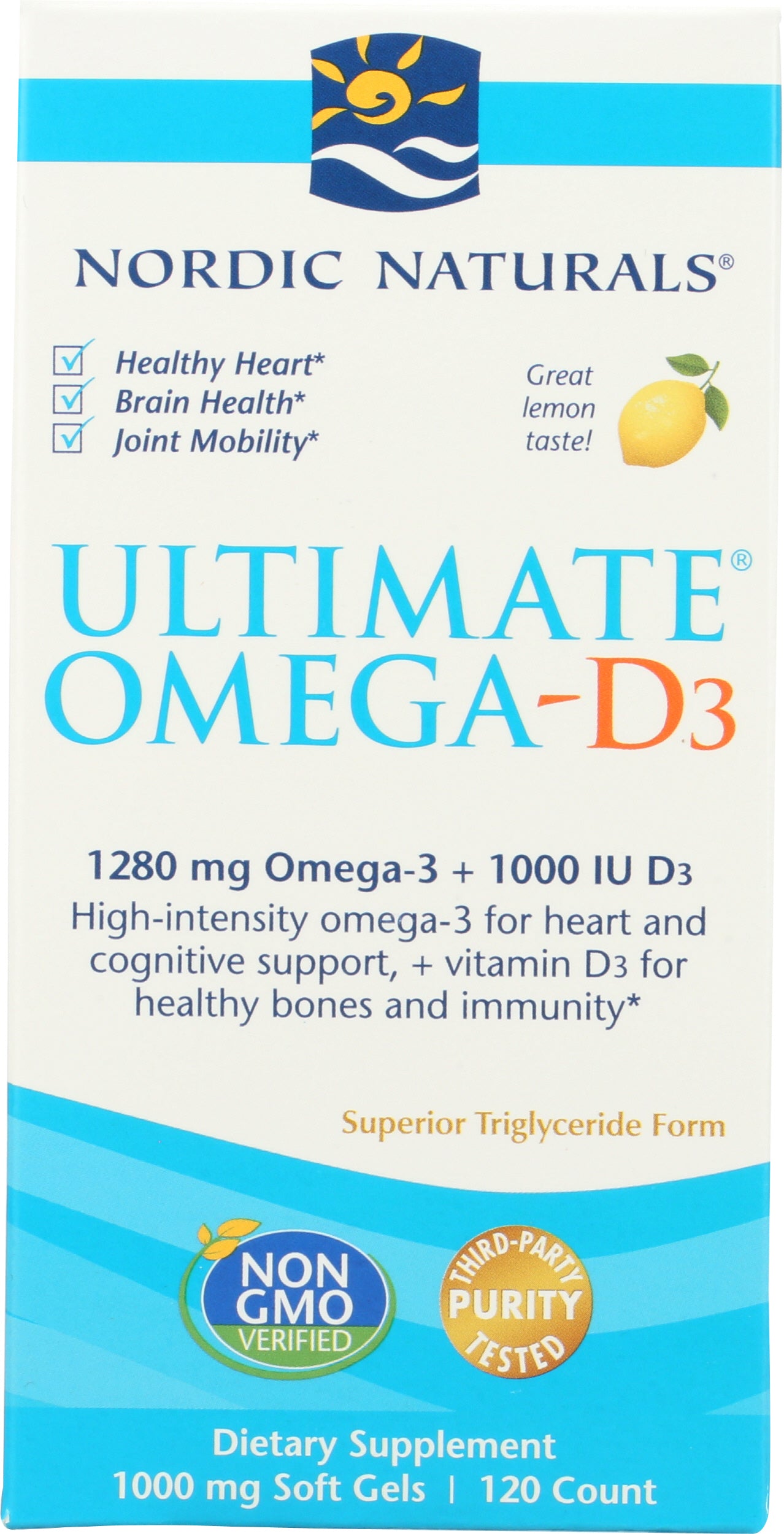 Nordic Naturals Ultimate Omega D3 1280mg + 1000 IU Vitamin D3 120 Soft Gels Front of Box