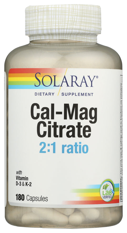 Solaray Cal-Mag Citrate with Vitamin D-3 & K-2 180 Capsules Front of Bottle