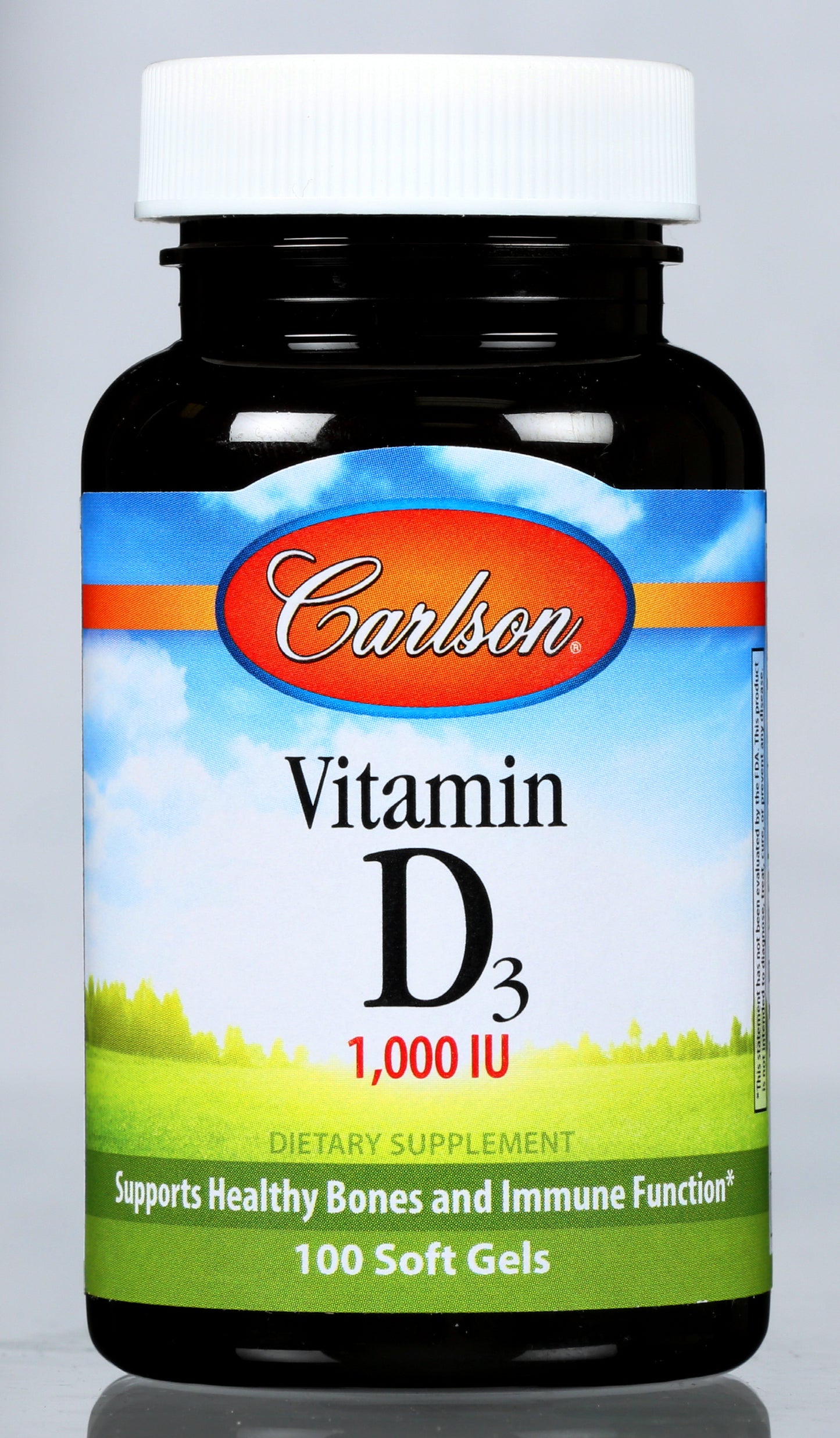 Carlson Vitamin D3 1,000 IU 100 Soft Gels Front of Bottle