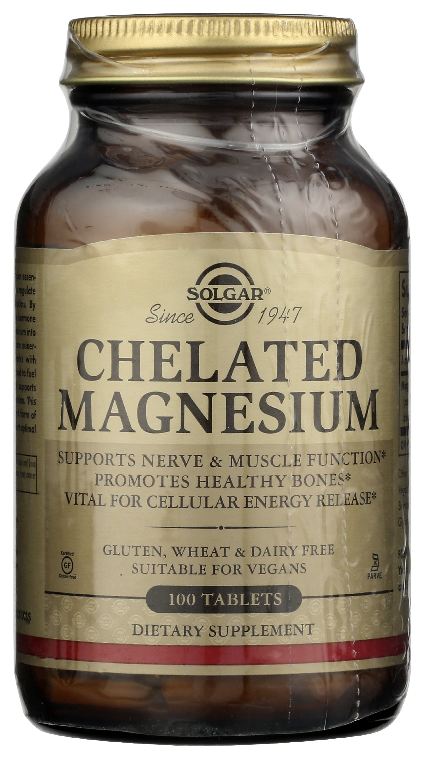 Solgar Chelated Magnesium100 Tablets Front of Bottle