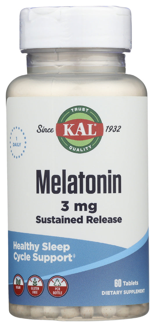 KAL Melatonin Sustained Release 3 mg 60 Tablets Front of Bottle