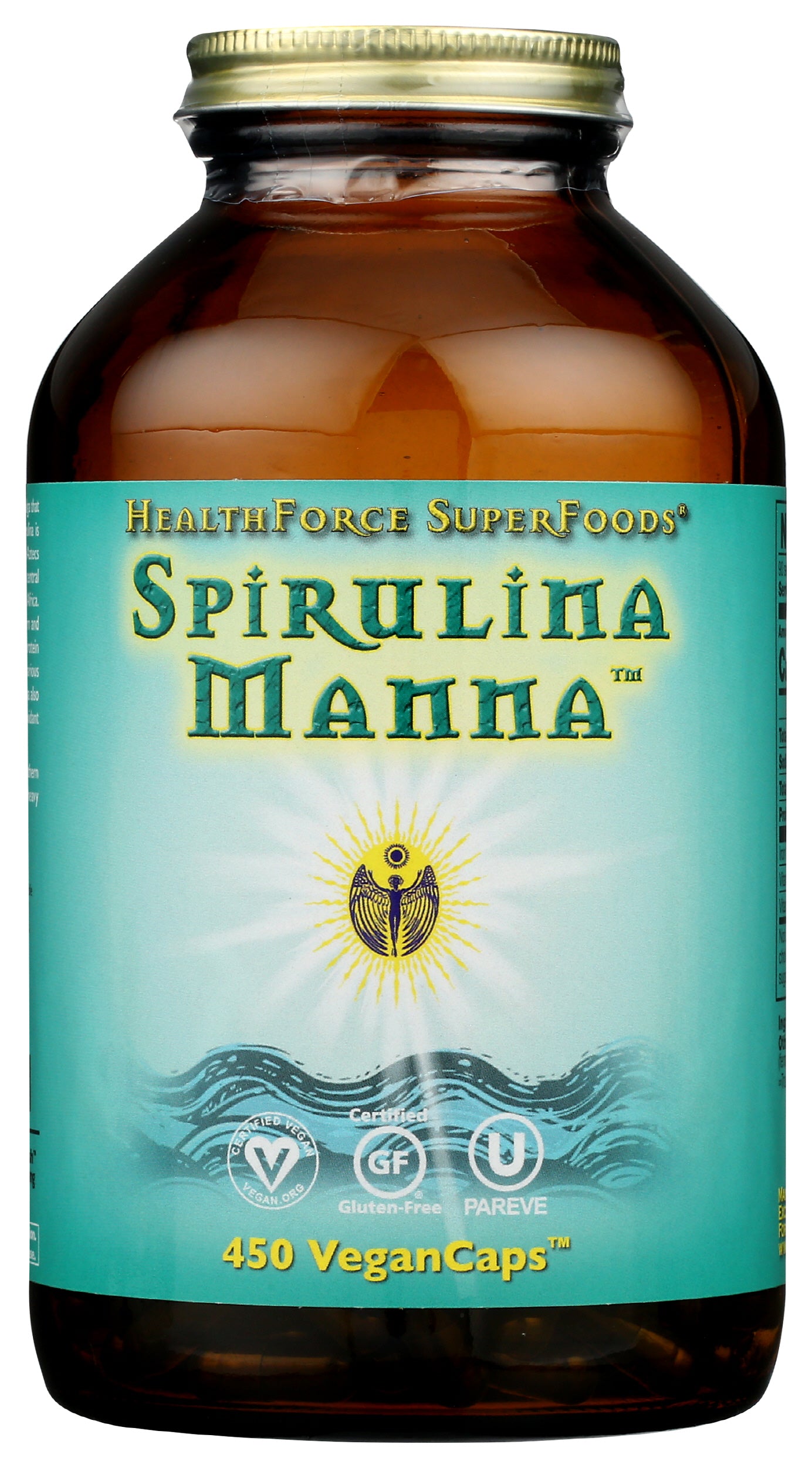 HealthForce SuperFoods Spirulina Manna 450 Vegan Caps Front of Bottle