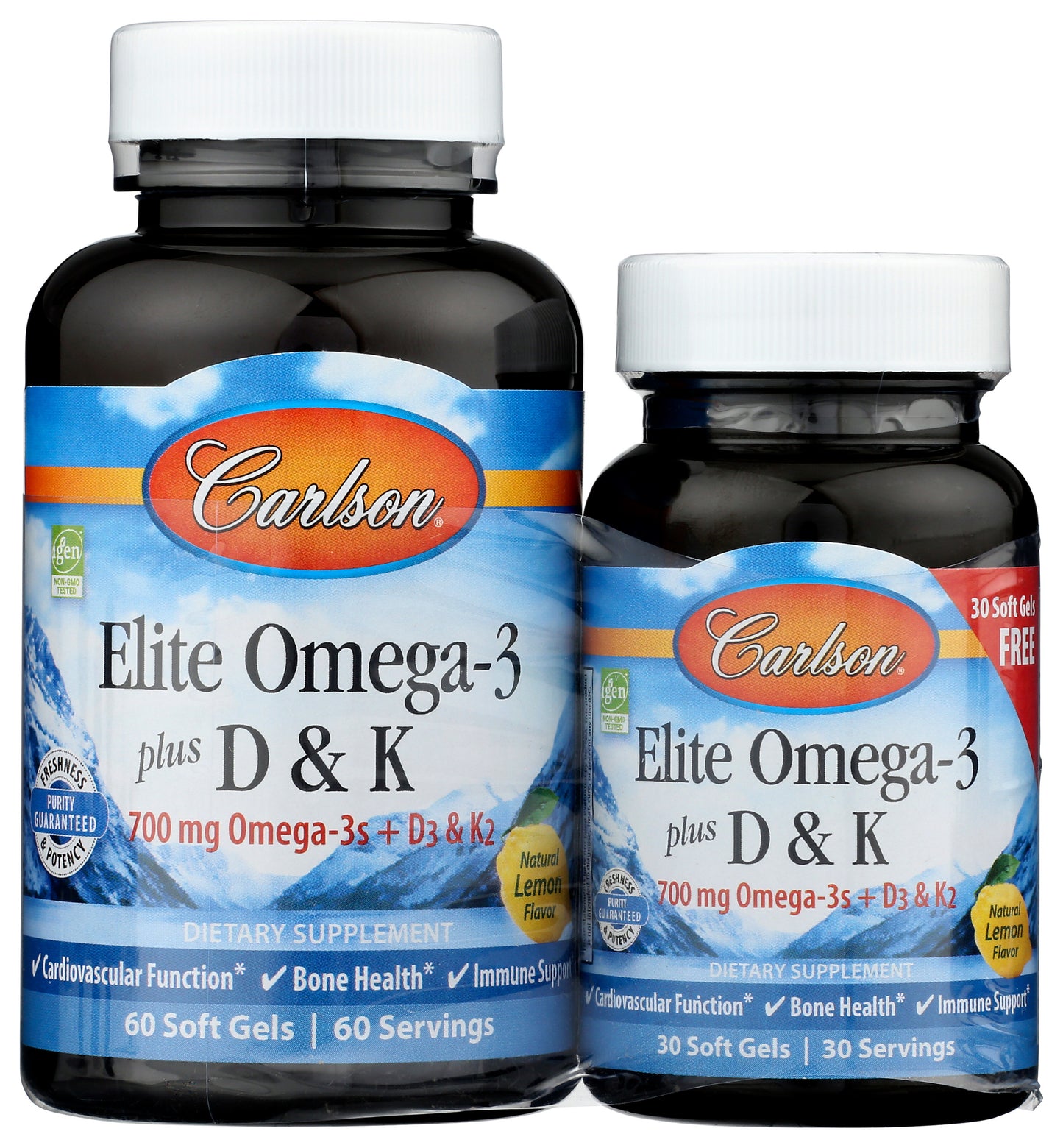 Carlson Elite Omega-3 plus D+K 90 Servings Front of Bottles