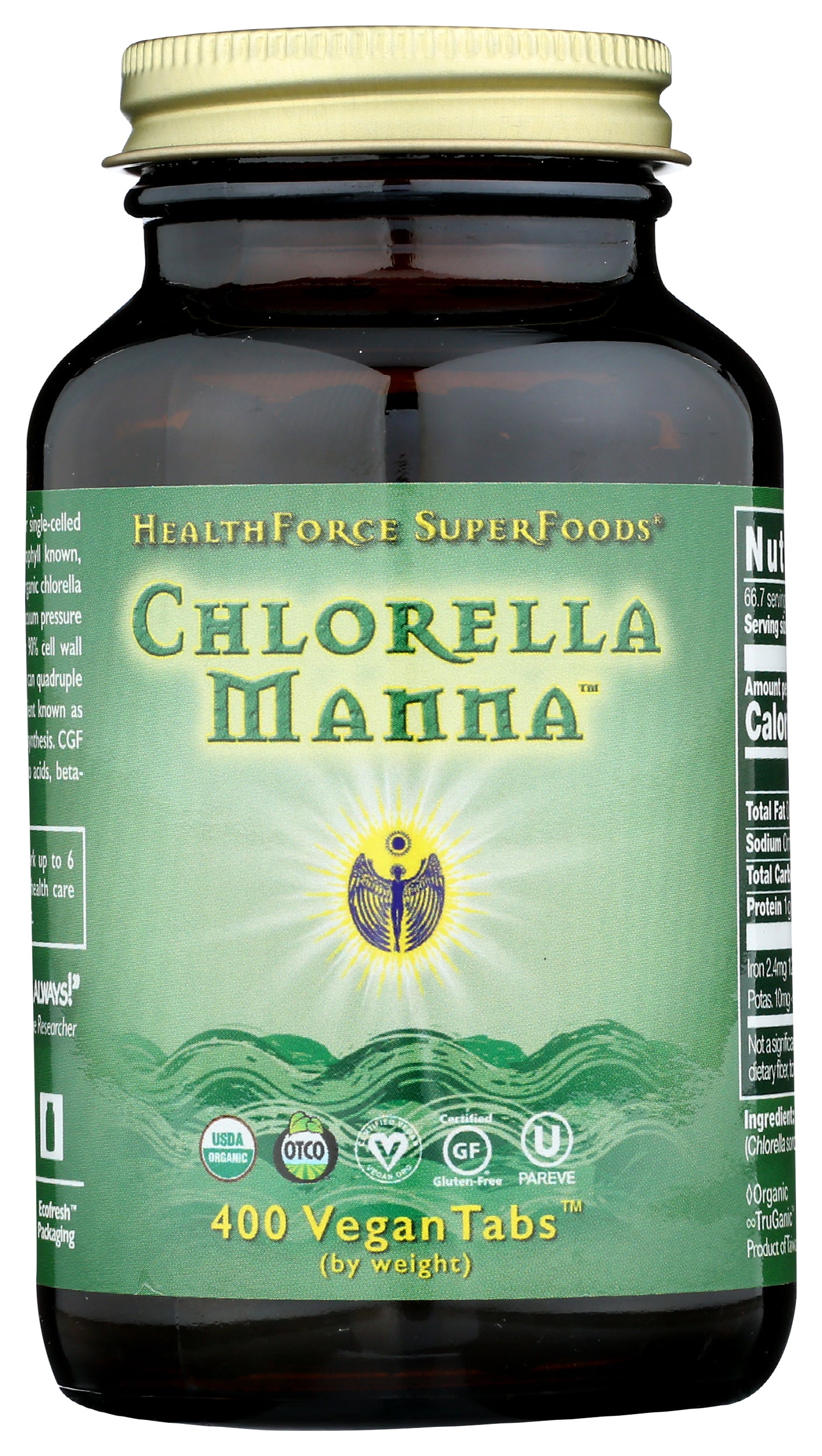 HealthForce SuperFoods Chlorella Manna 400 Vegan Tabs Front of Bottle