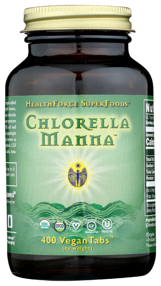 HealthForce SuperFoods Chlorella Manna 400 Vegan Tabs Front of Bottle