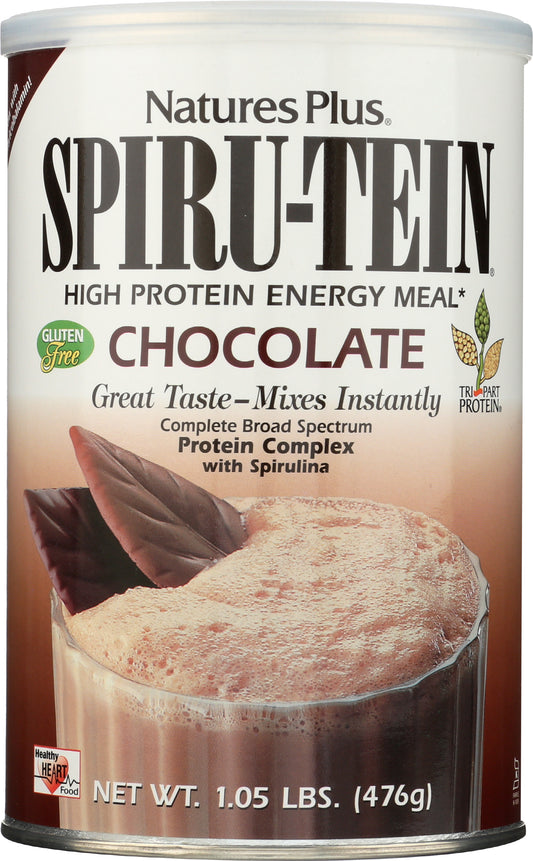 NaturesPlus Spiru-tein Chocolate Protein Powder 476g Front of Can