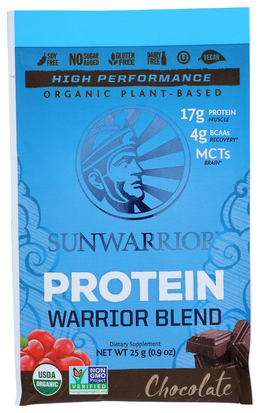 Sunwarrior Protein Powder Warrior Blend Chocolate Flavor 0.9oz Front of Packet
