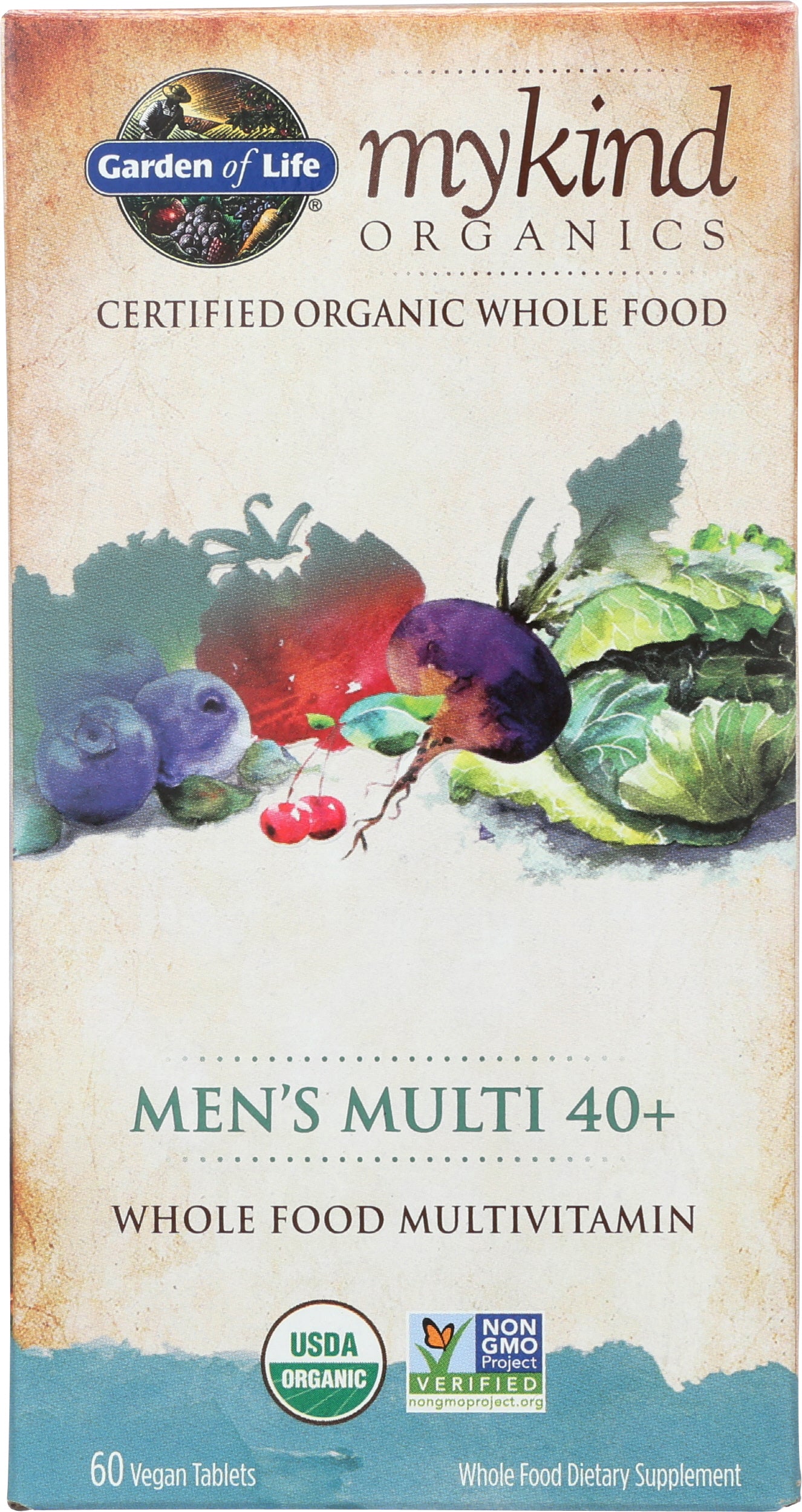 Garden of Life MyKind Organics Men's Multi 40+ 60 Vegan Tablets Front of Box