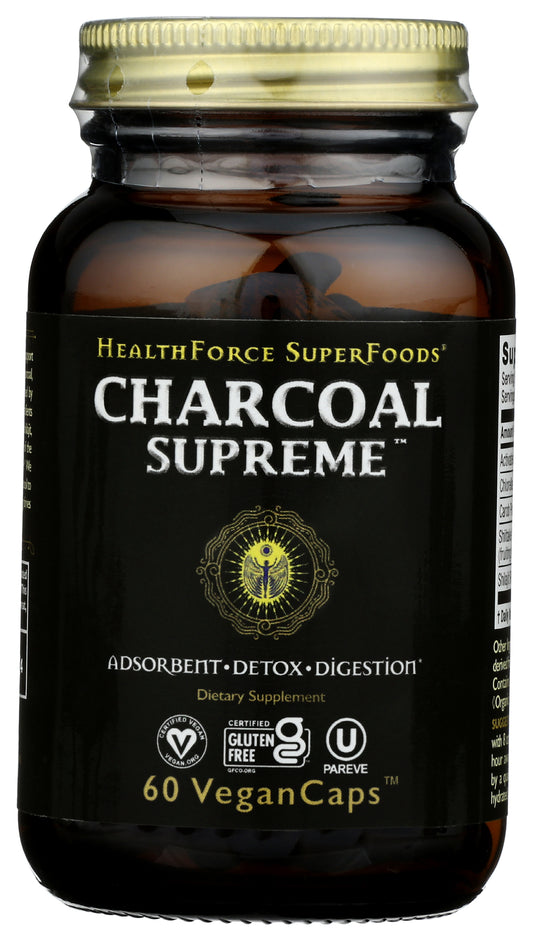 HealthForce SuperFoods Charcoal Supreme 60 VeganCaps Front of Bottle
