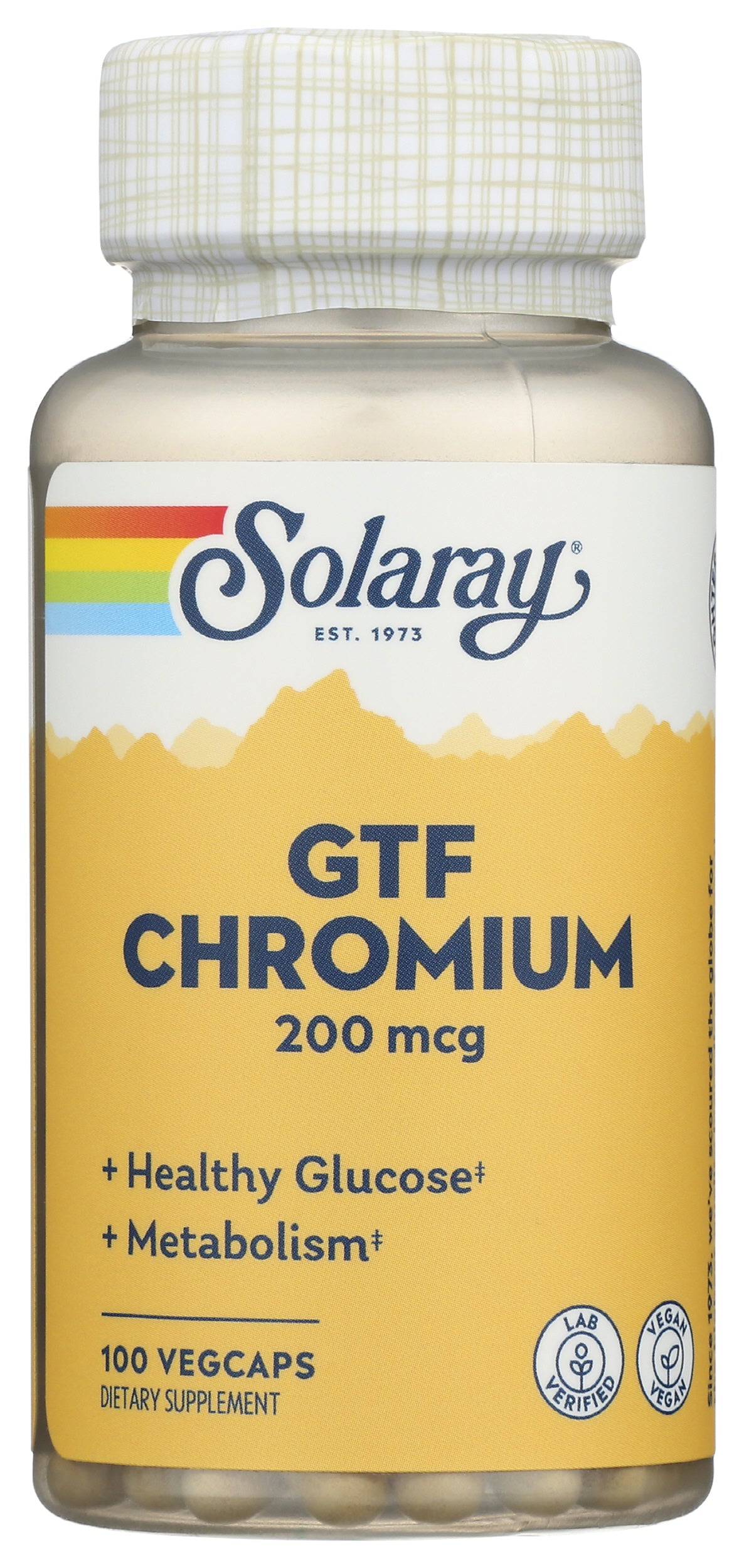 Solaray GTF Chromium 200mcg 100 VegCaps Front of Bottle