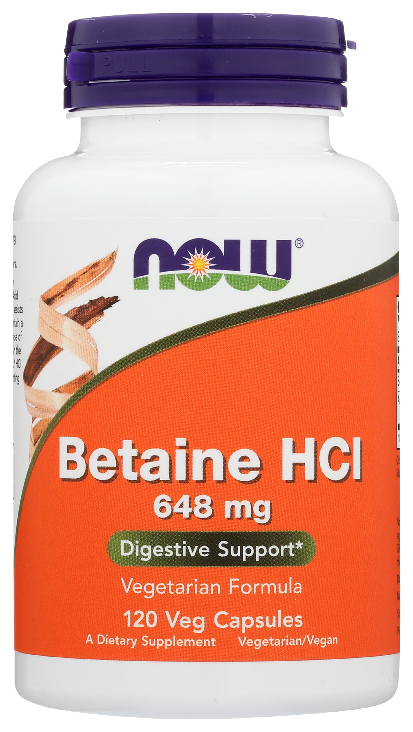 NOW Betaine HCI 648mg 120 Veg Capsules Front
