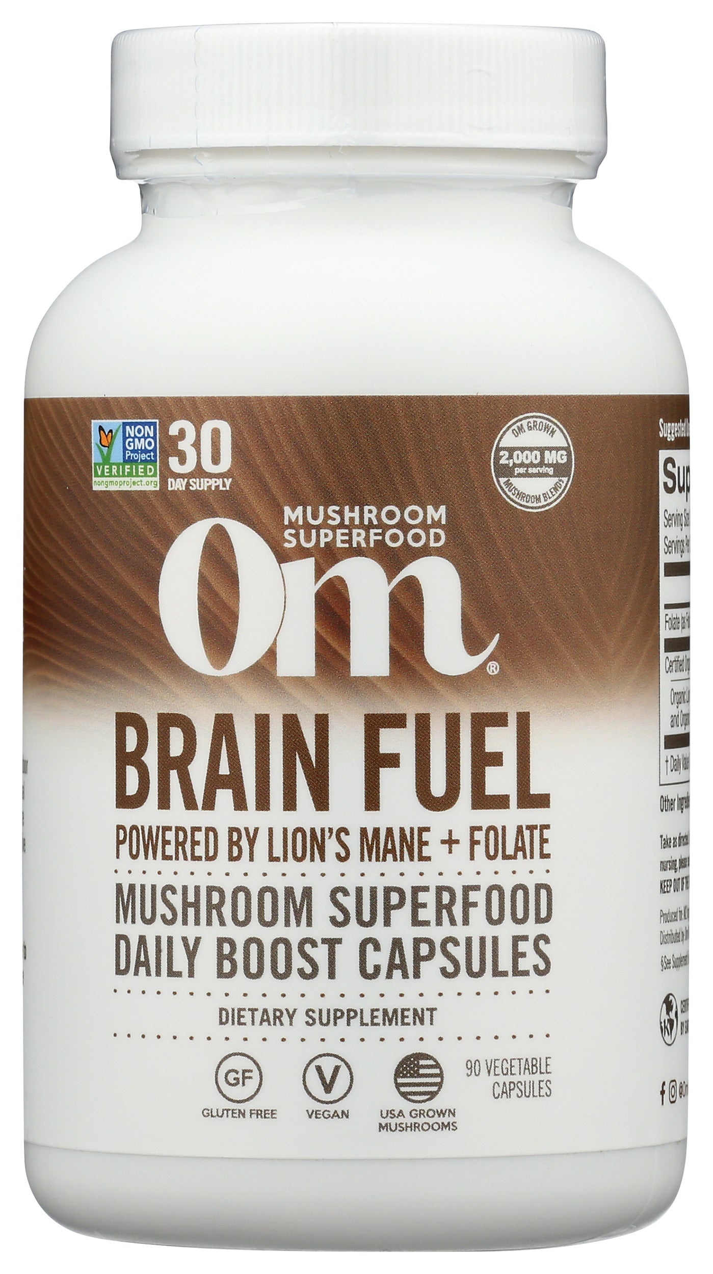 Om Brain Fuel+ 90 Vegetable Capsules Front of Bottle