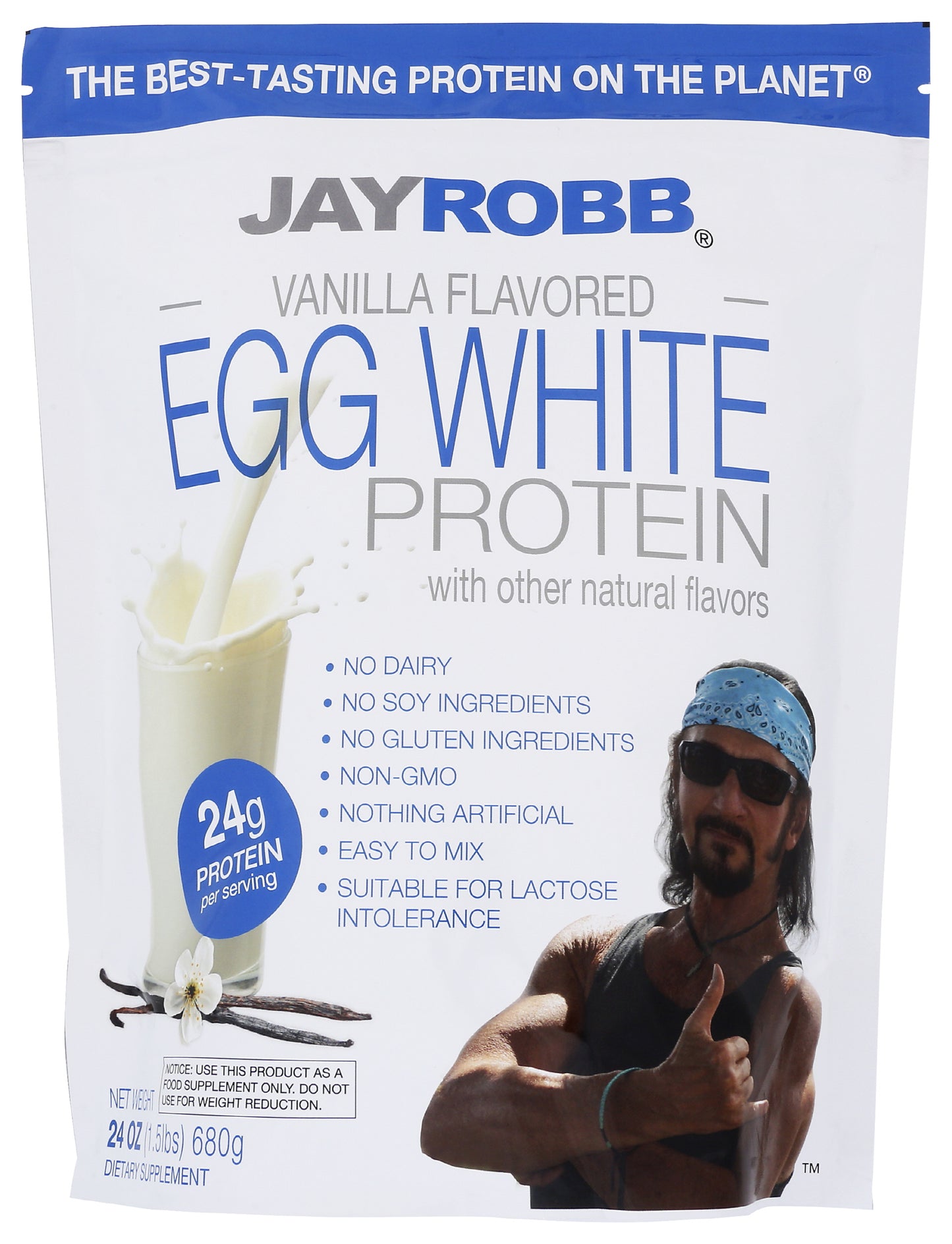 Jay Robb Vanilla Flavored Egg White Protein Powder 24oz Front of Bag