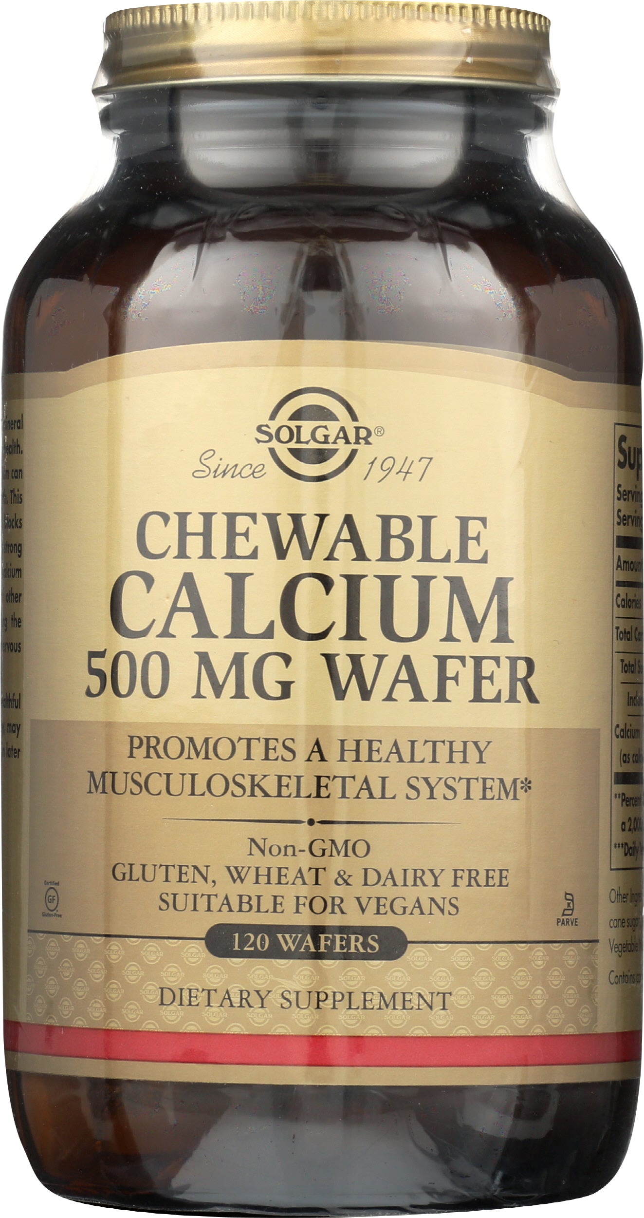 Solgar Chewable Calcium 500mg 120 Wafers Front of Bottle