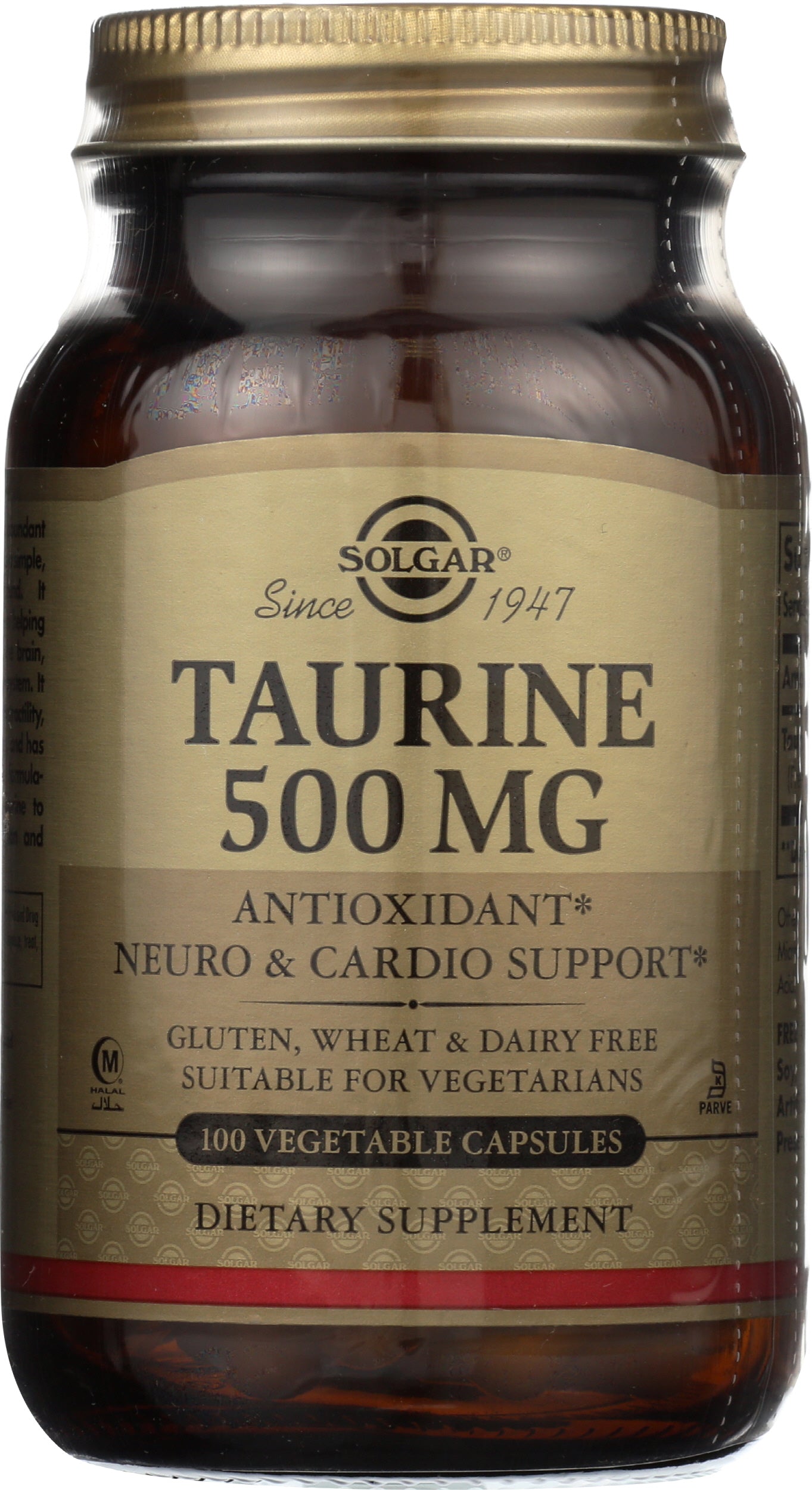 Solgar Taurine 500 mg 100 Vegetable Capsules Front