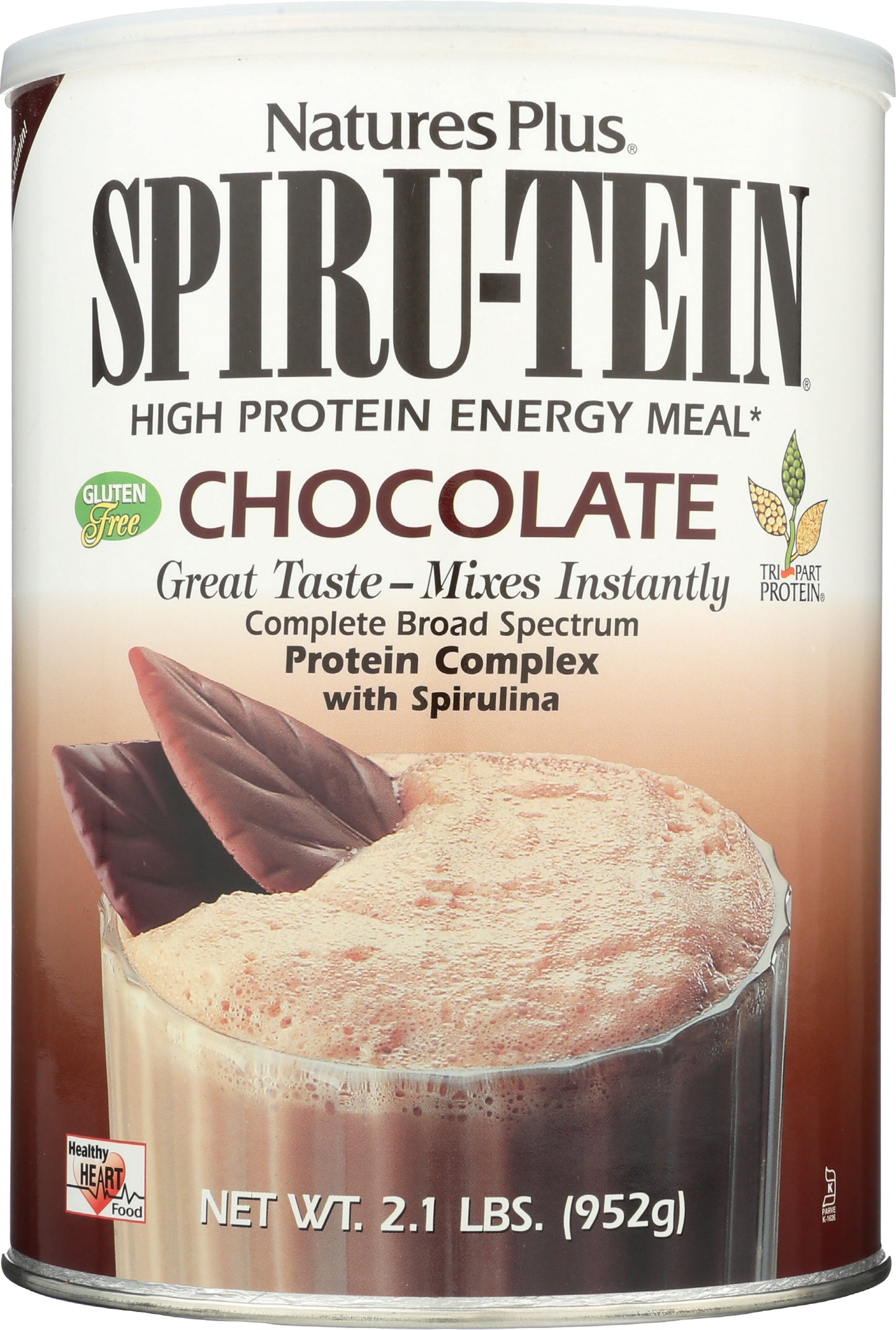 NaturesPlus Spiru-tein Chocolate Protein Powder 952g Front of Can