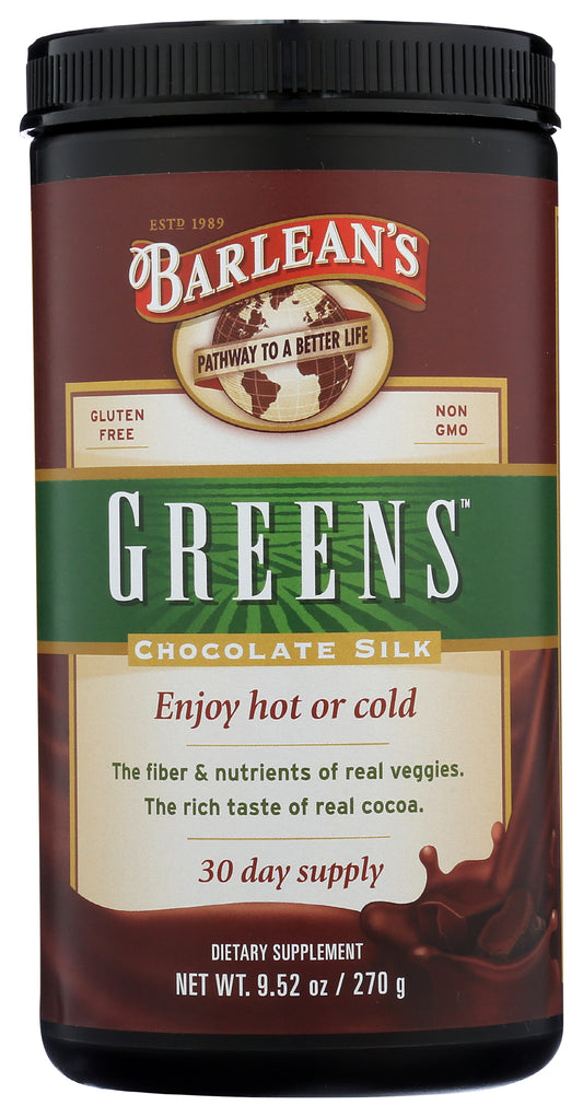 Barlean's Greens Chocolate Silk 270g Front of Bottle