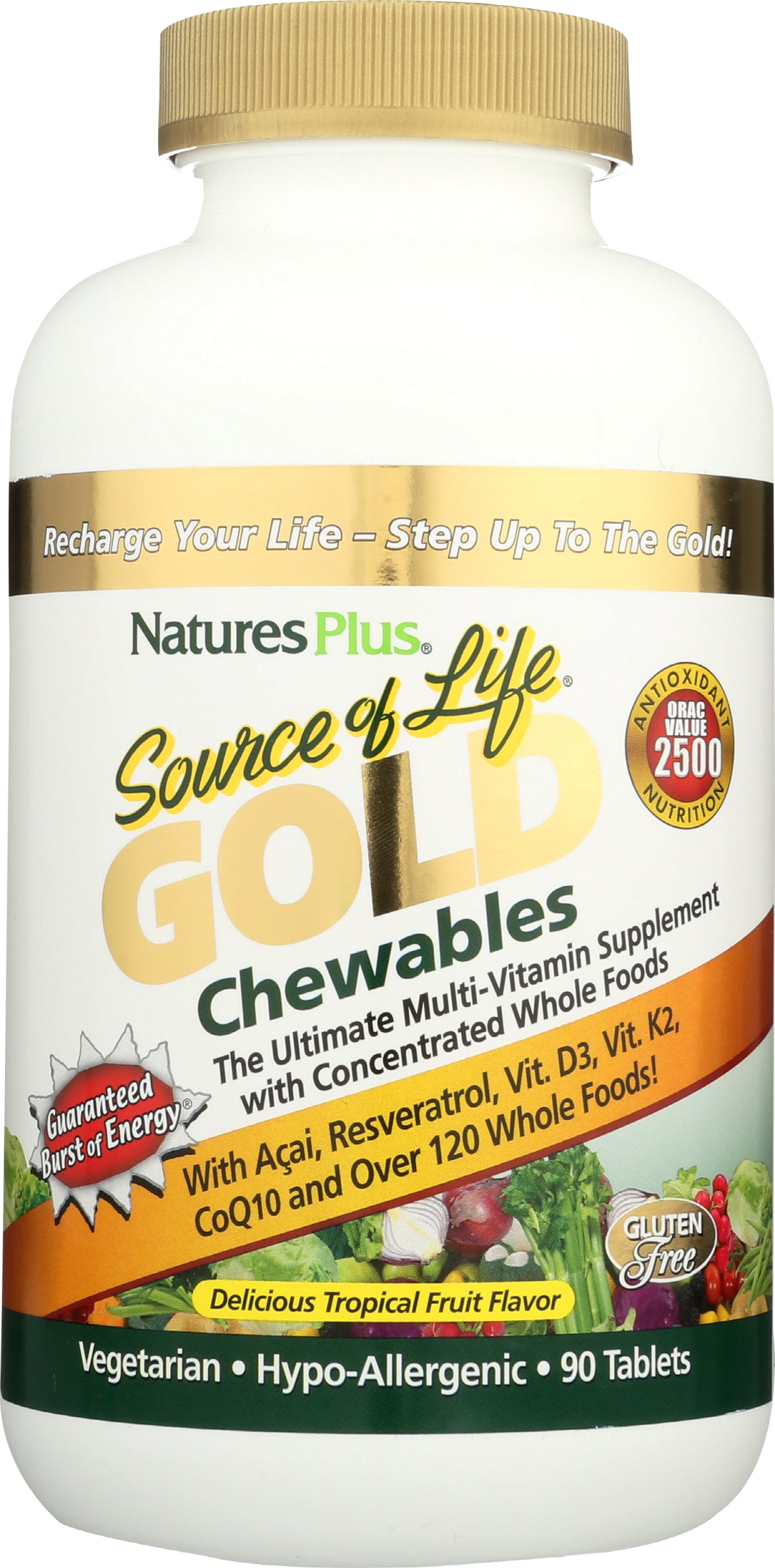 Natures Plus Source of Life Gold Chewables Tropical Fruit 90 Tablets Front of Bottle