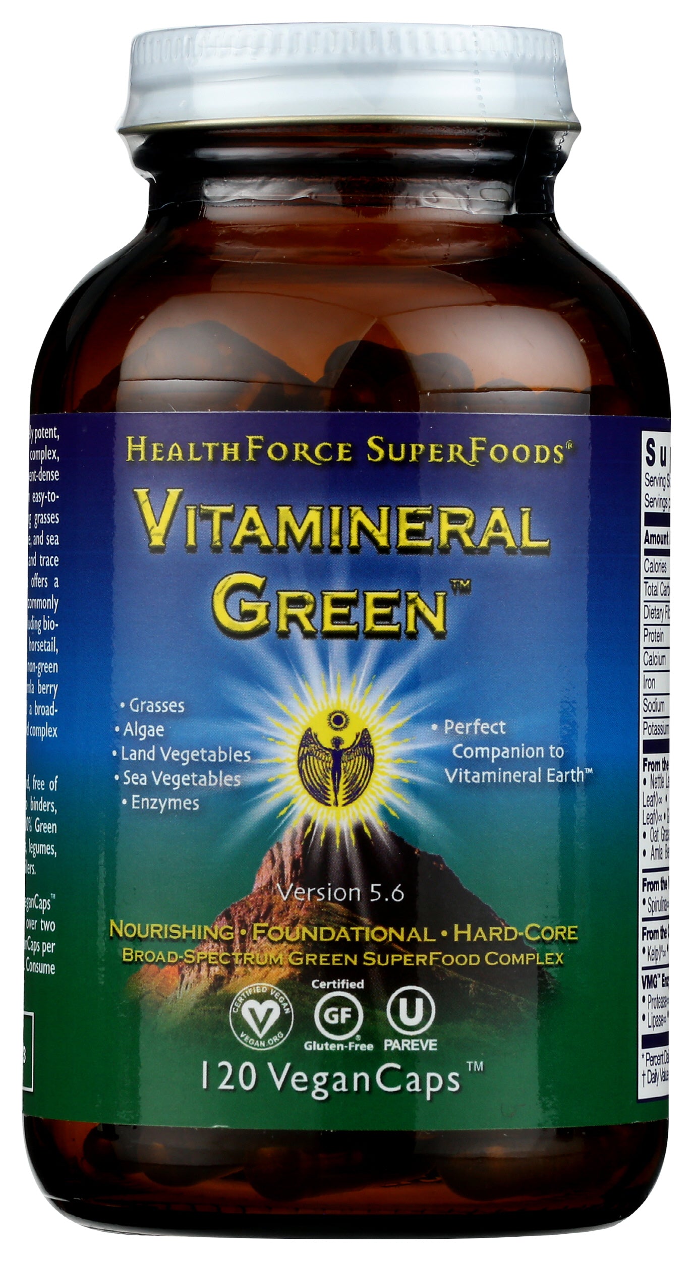 HealthForce SuperFoods Vitamineral Green 120 Vegan Caps Front of Bottle