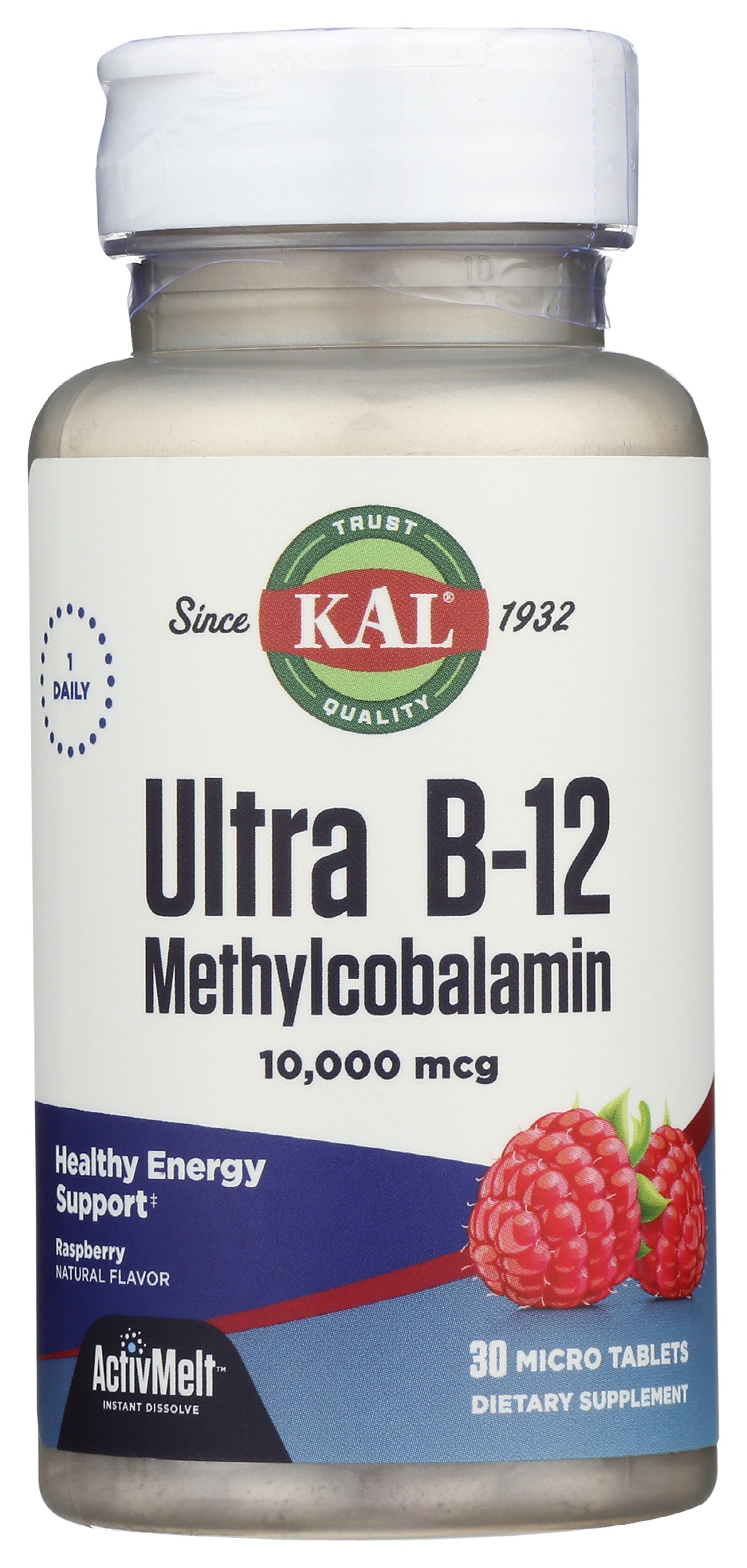 KAL Methylcobalamin Ultra B-12 10,000 mcg 30 Tablets Front of Bottle