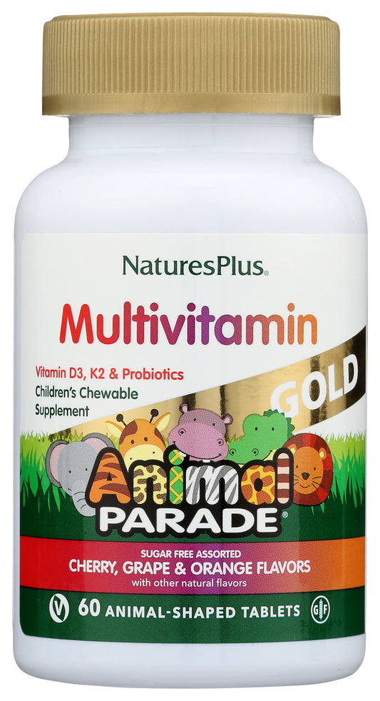 NaturesPlus Source of Life Animal Parade Gold 60 Chewable Tablets Cherry, Orange, Grape Flavor Front
