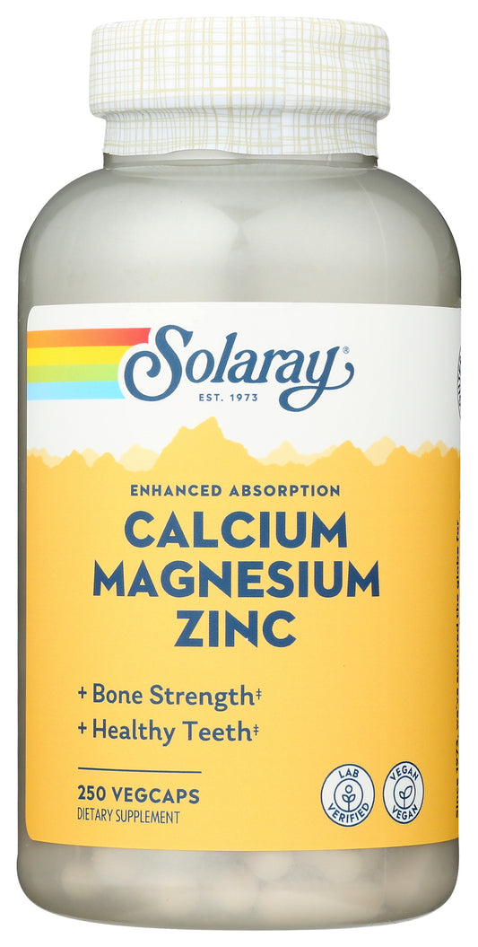 Solaray Enhanced Absorption Calcium Magnesium Zinc 250 VegCaps Front of Bottle