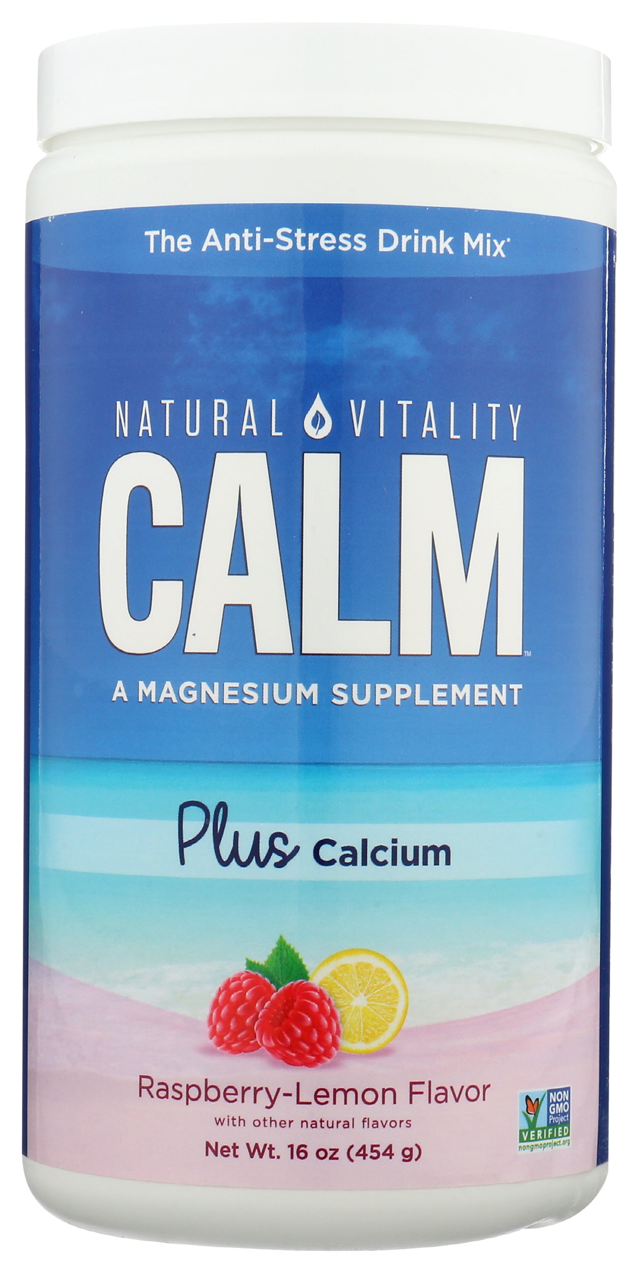 Natural Vitality Calm Magnesium Supplement Plus Calcium Raspberry-Lemon Flavor 16oz Front of Bottle