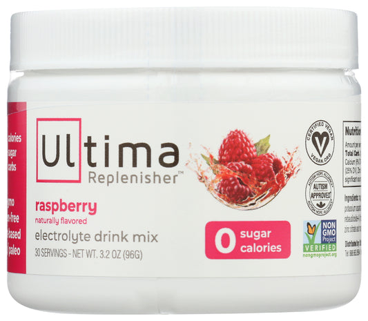 Ultima Replenisher Electrolyte Mix Raspberry Flavor 96g Front of Bottle