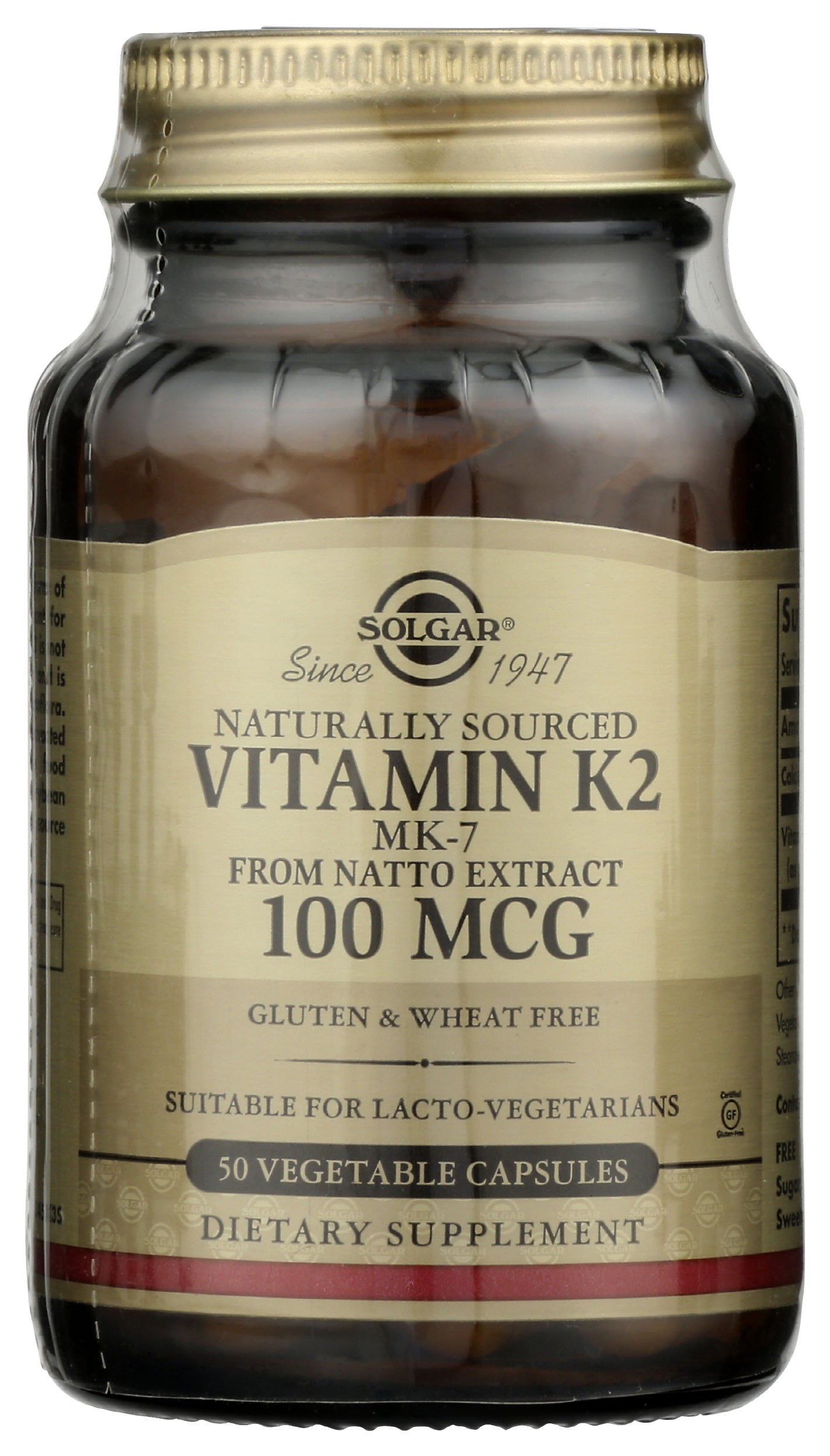 Solgar Vitamin K2 MK-7 100mcg 50 Vegetable Capsules Front of Bottle
