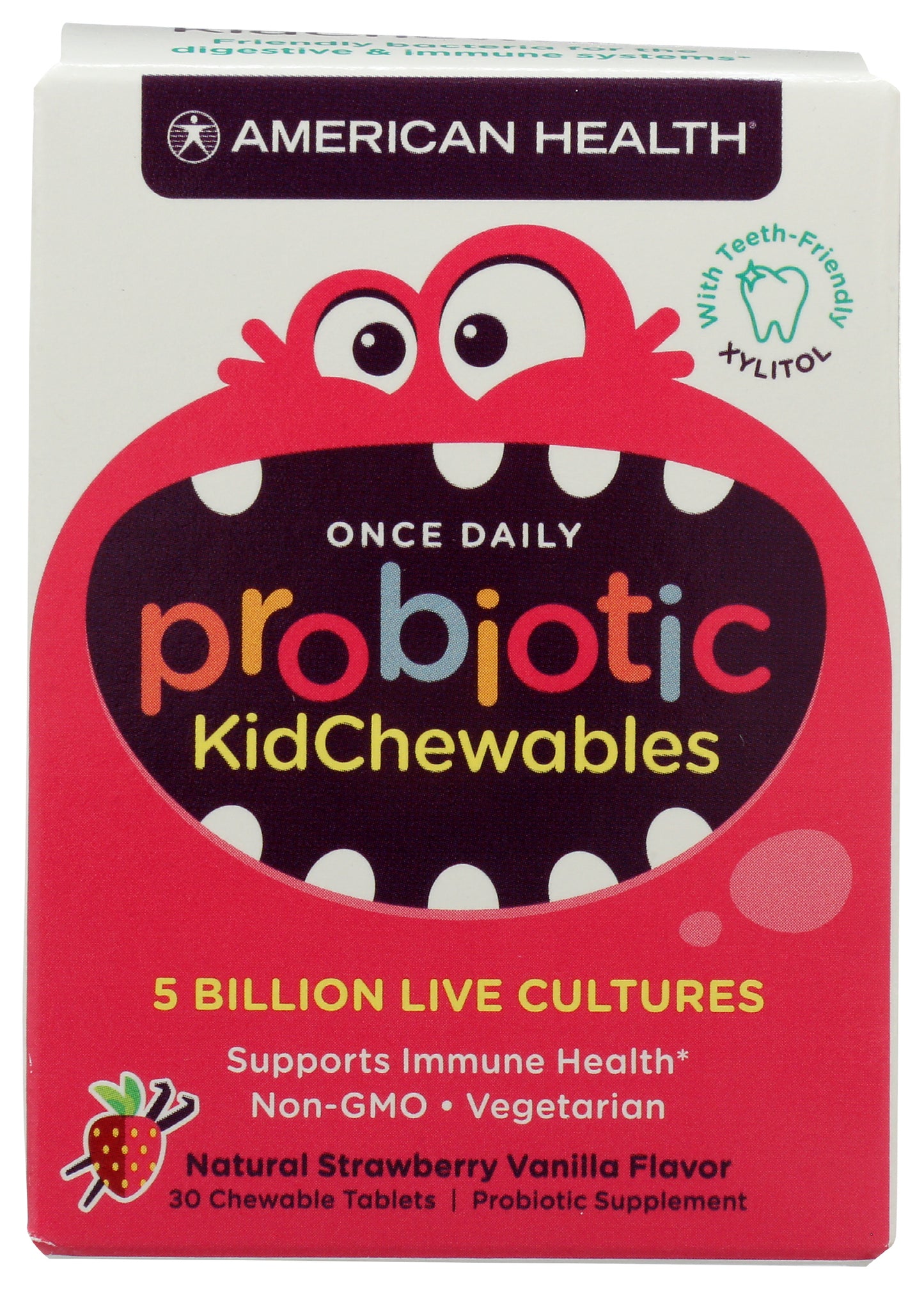 American Health Probiotic Kid Strawberry Vanilla Flavor 30 Chewable Tablets Front
