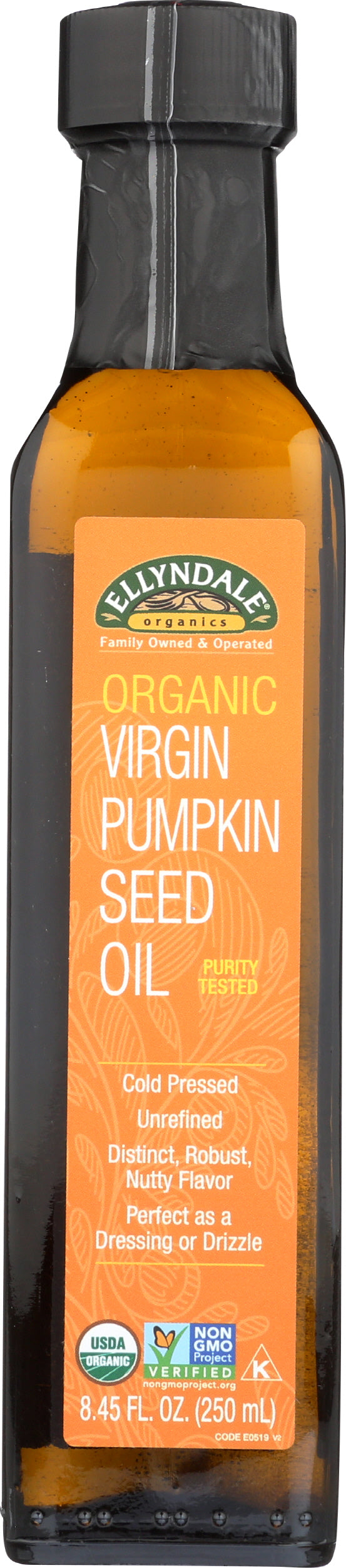 Ellyndale Organic Virgin Pumpkin Seed Oil 8.45 Fl. Oz. Front of Bottle