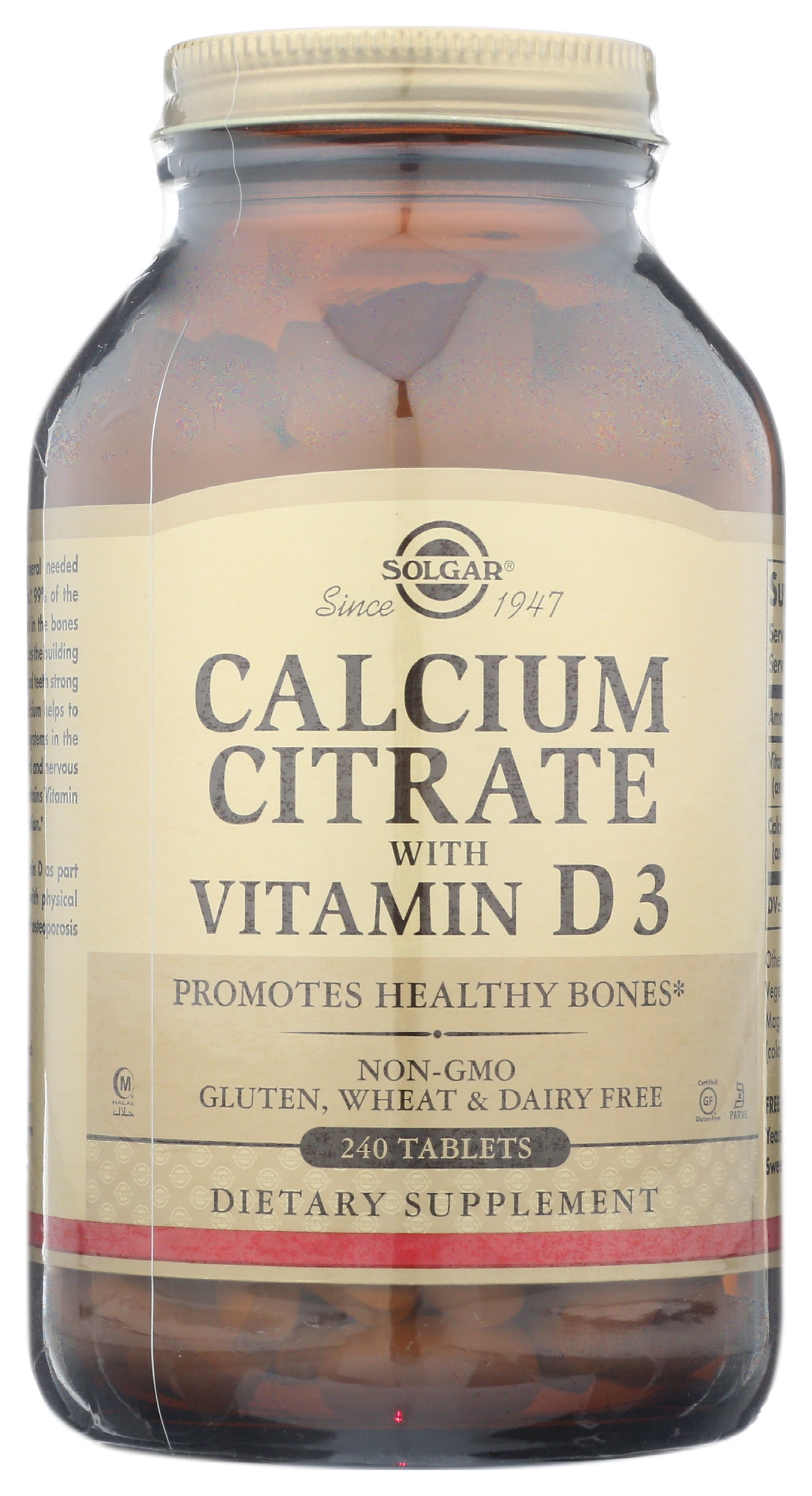 Solgar Calcium Citrate with Vitamin D3 240 Tablets Front of Bottle
