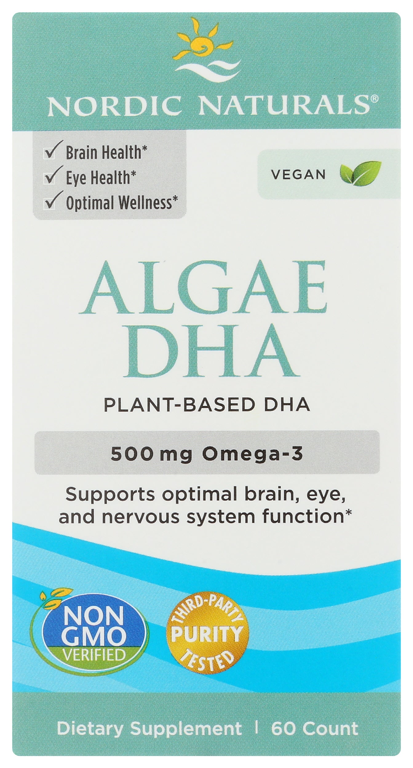 Nordic Naturals Algae DHA 500 mg 60 Soft Gels Front of Box