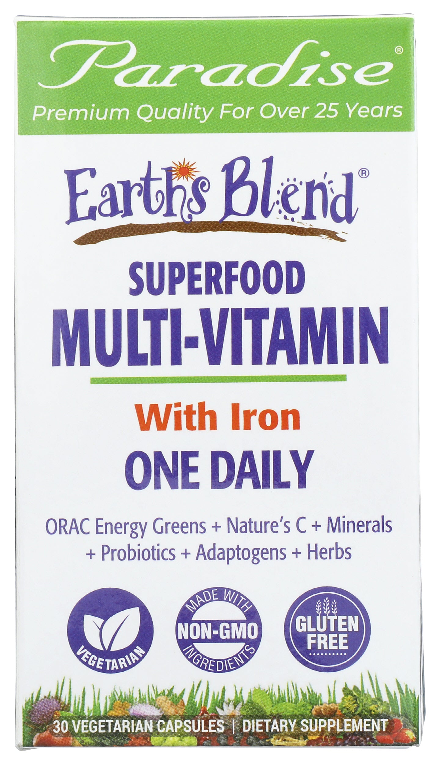 Paradise Earth's Blend Multivitamin With Iron 30 Capsules Front of Box