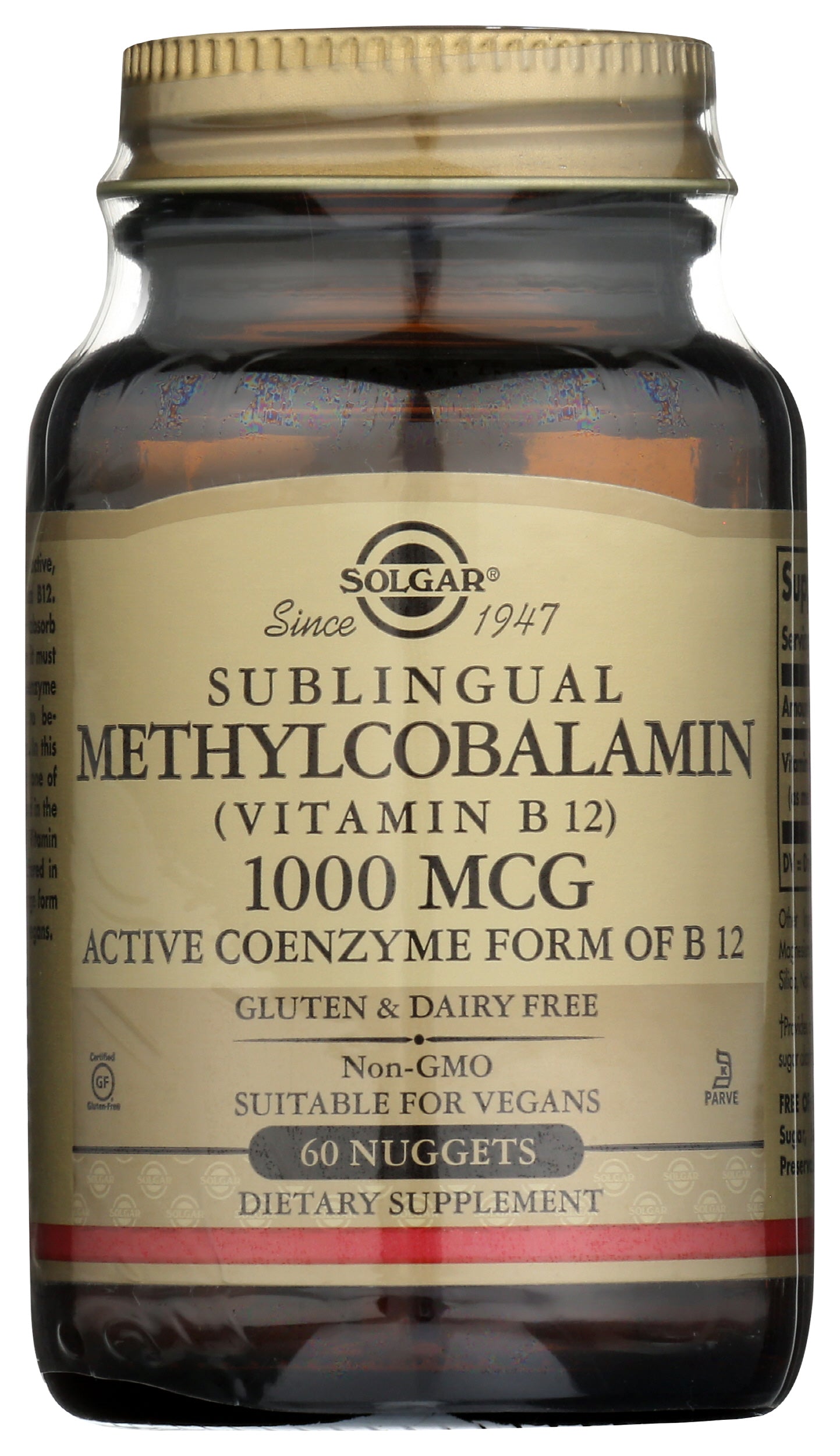 Solgar Methylcobalamin Vitamin B12 1000 mcg 60 Nuggets Front of Bottle