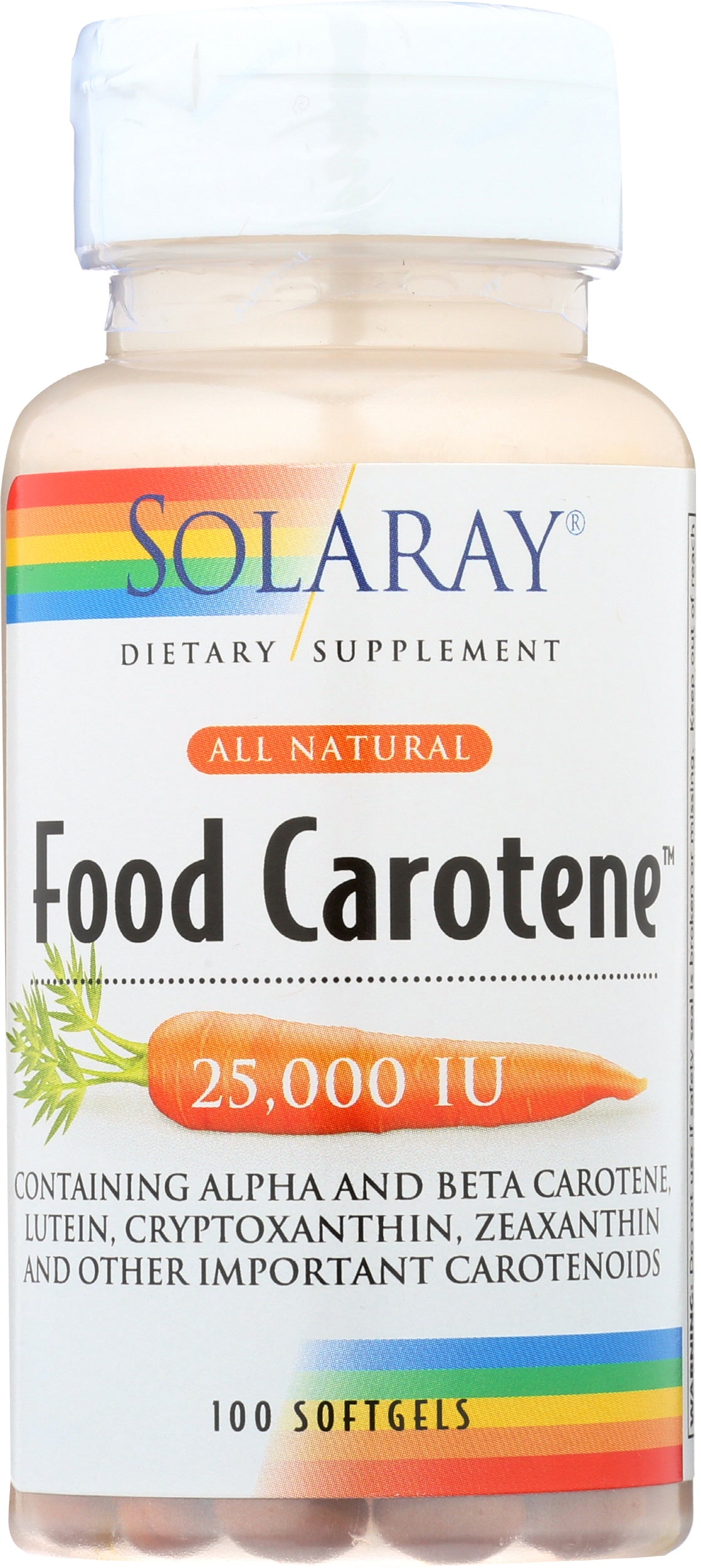 Solaray Food Carotene 25,000 IU 100 Soft Gels Front of Bottle