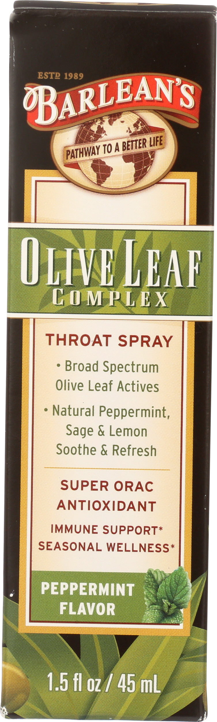 Barlean's Olive Leaf Complex Throat Spray 1.5 fl oz Front of Box