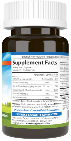 Carlson Blood Nutrients 28mg Iron 40 Capsules