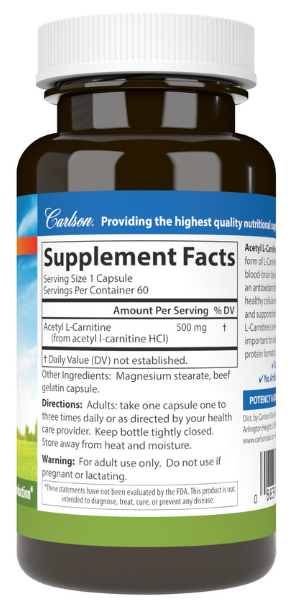 Carlson Acetyl L-Carnitine 500 mg 60 Vegetarian Capsules